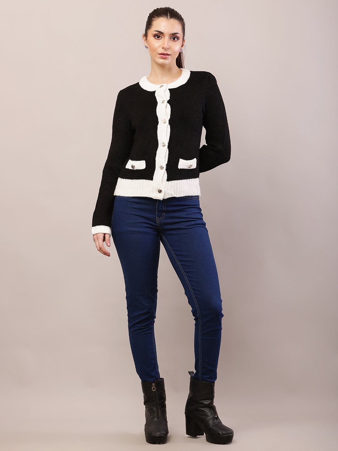 Women black acrylic full sleeve round neck cardigan