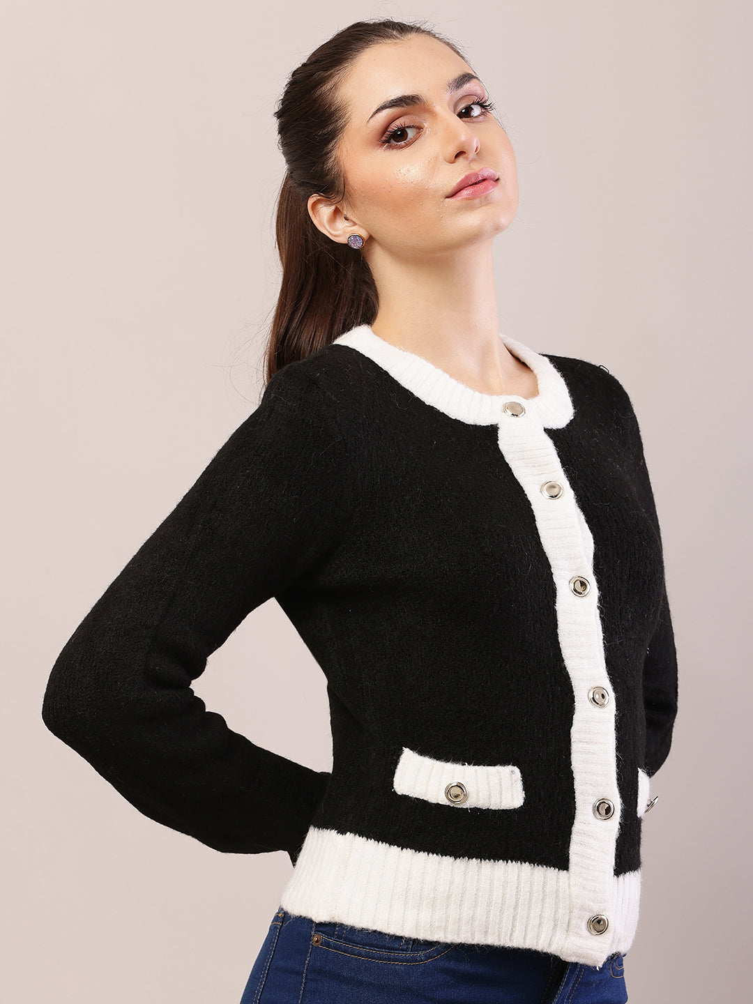 Women black acrylic full sleeve round neck cardigan