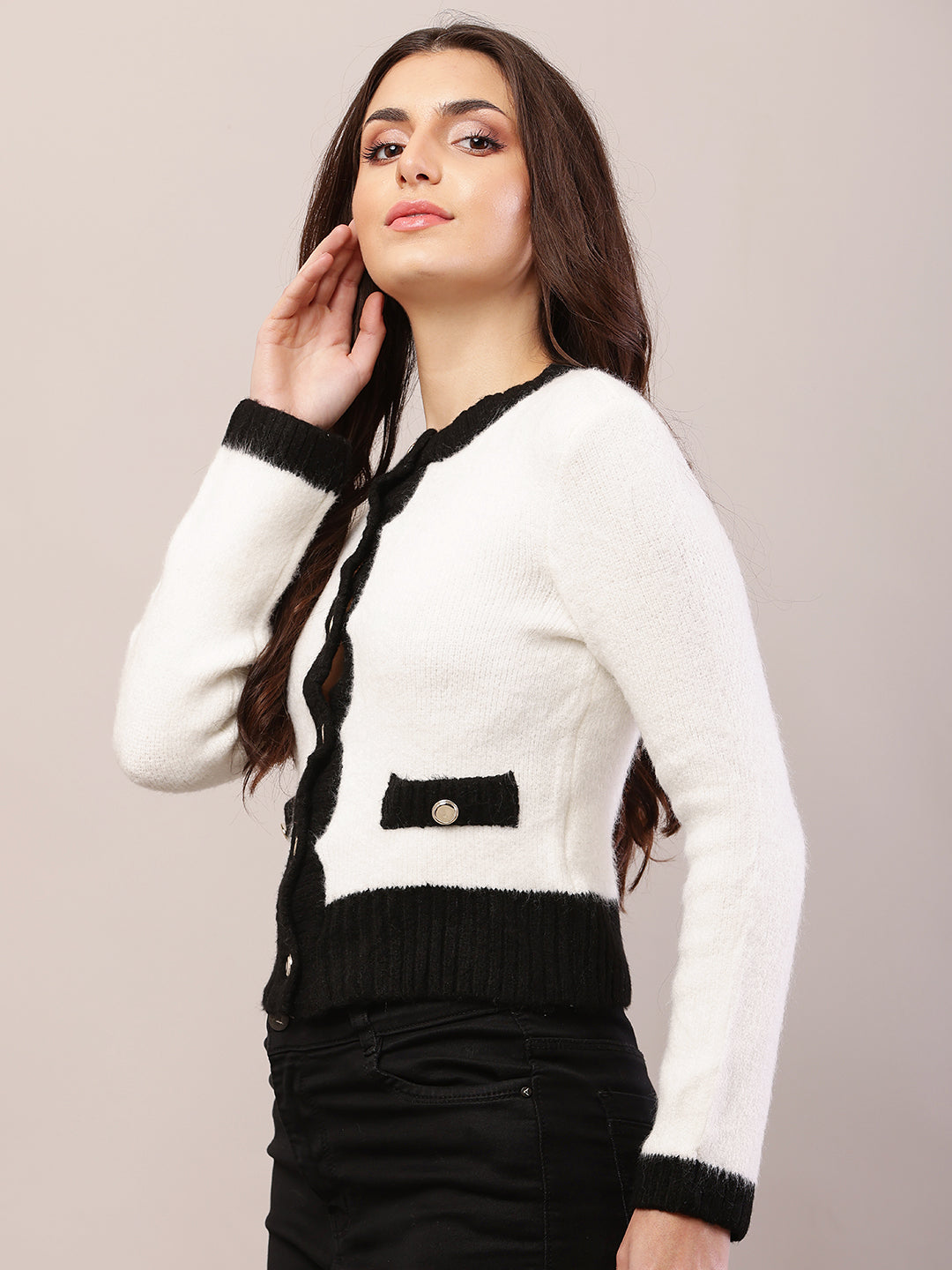 Women white acrylic full sleeve round neck cardigan