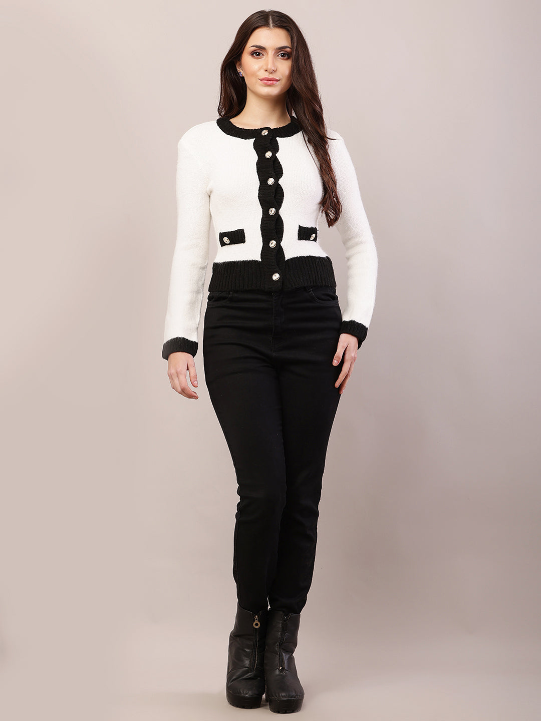 Women white acrylic full sleeve round neck cardigan