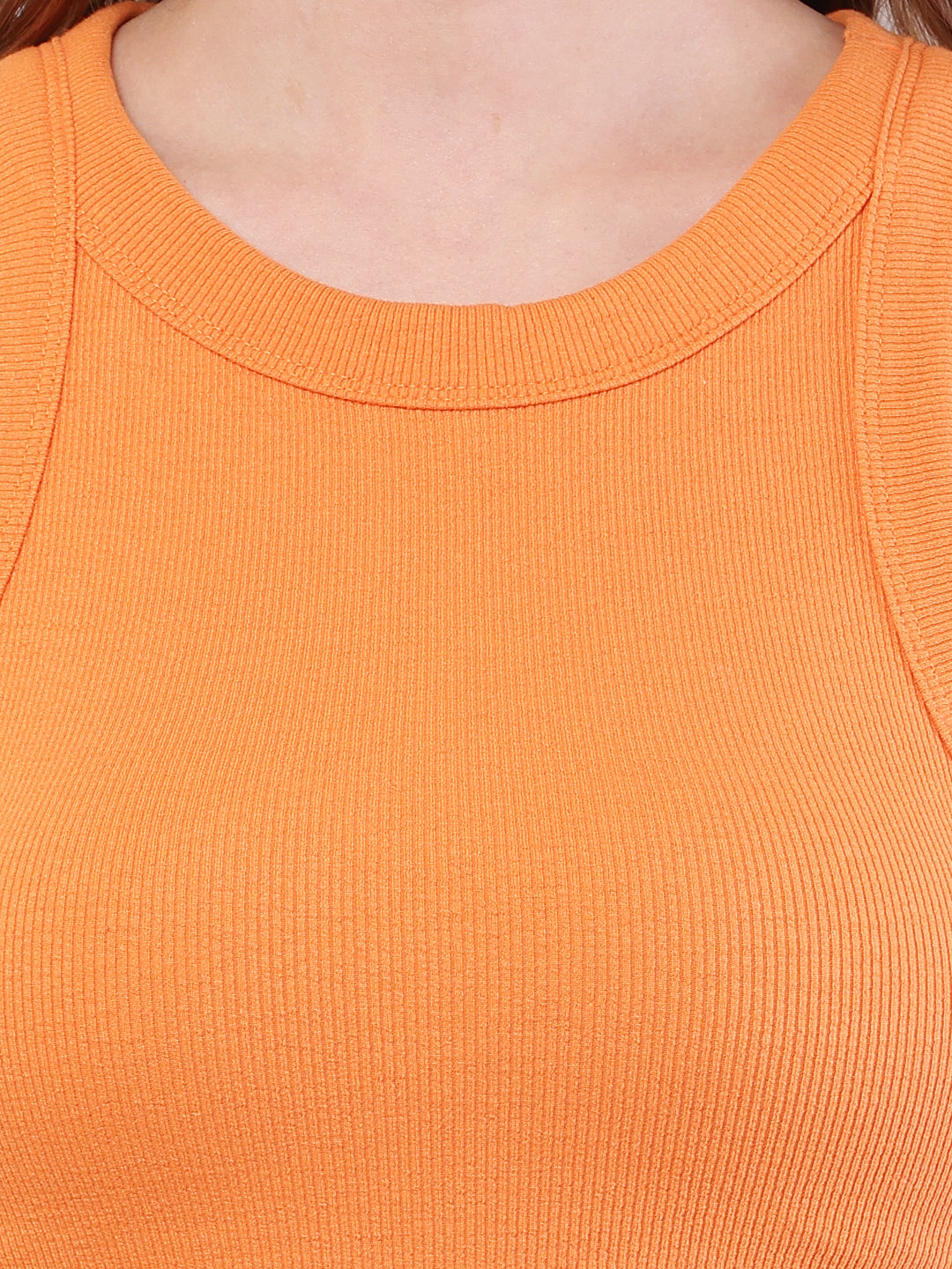 Women Orange Cotton Sleeveless Round Neck Top