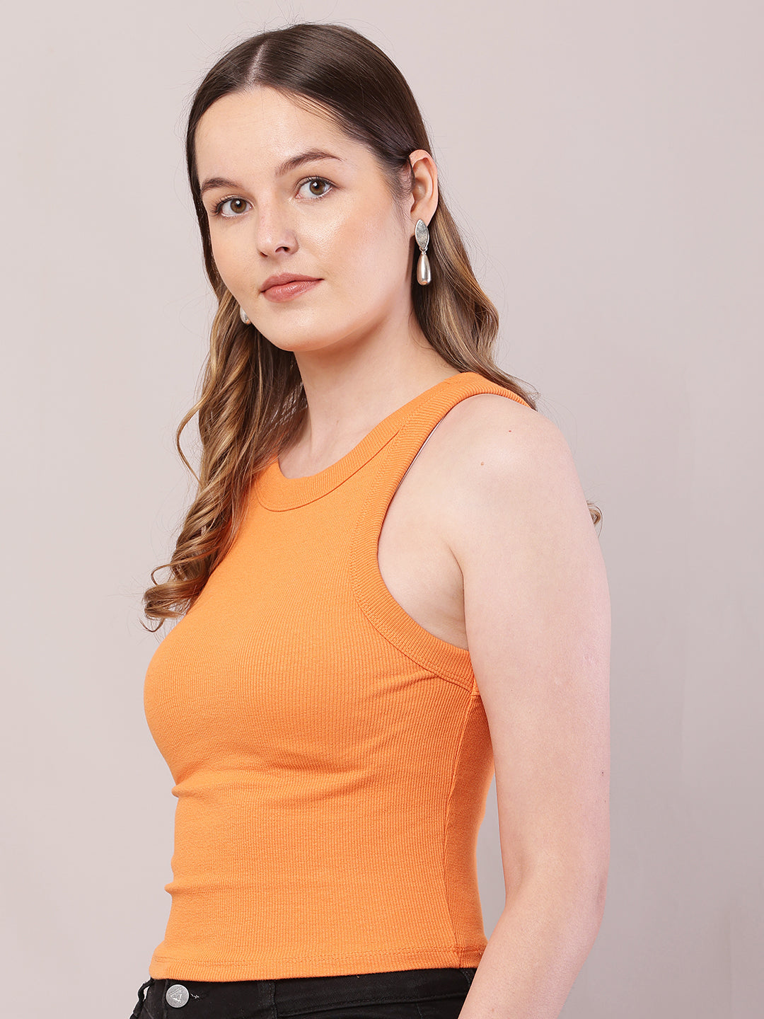 Women Orange Cotton Sleeveless Round Neck Top