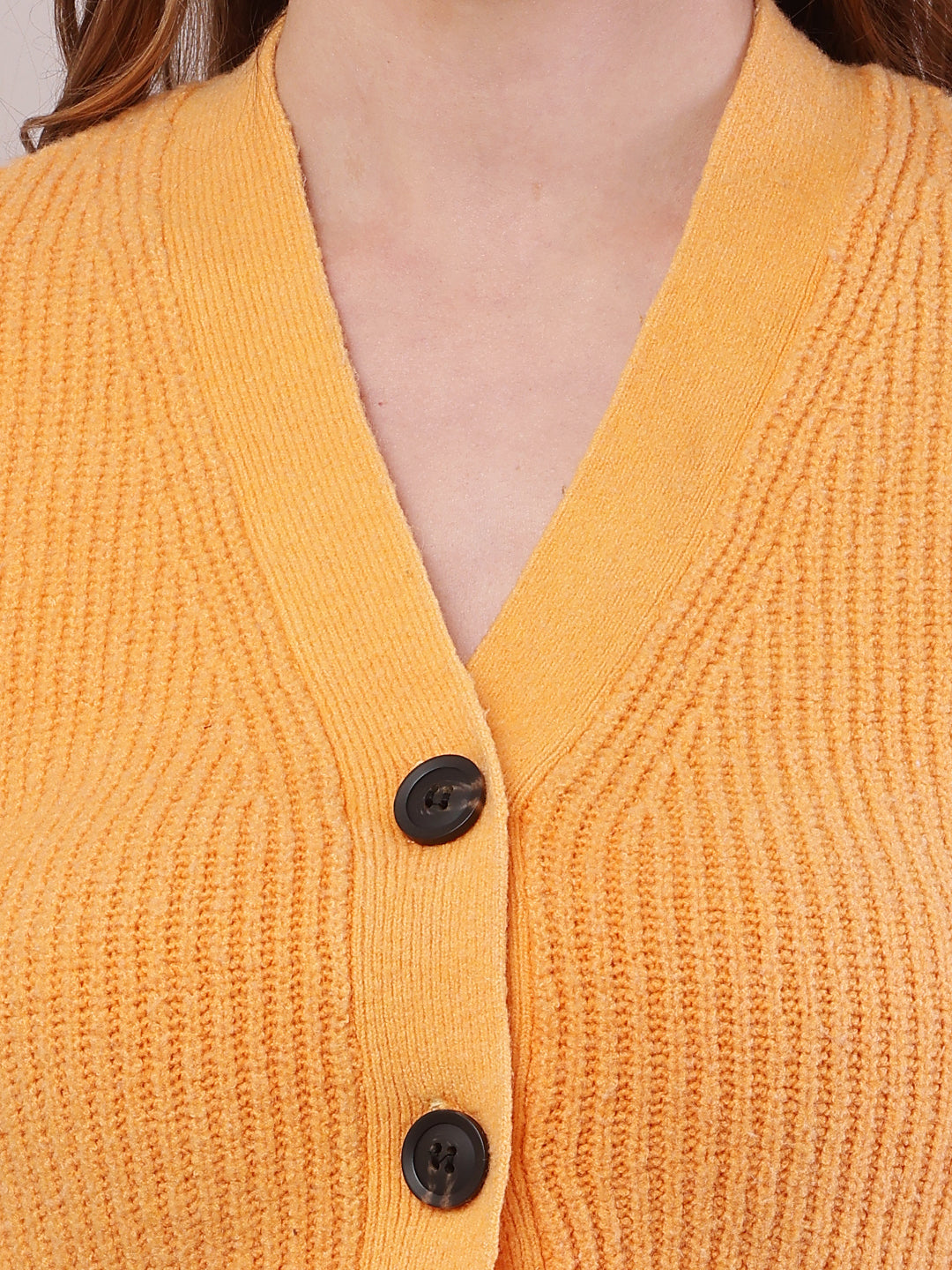 Women Orange Polyester Full Sleeve V-Neck Cardigan