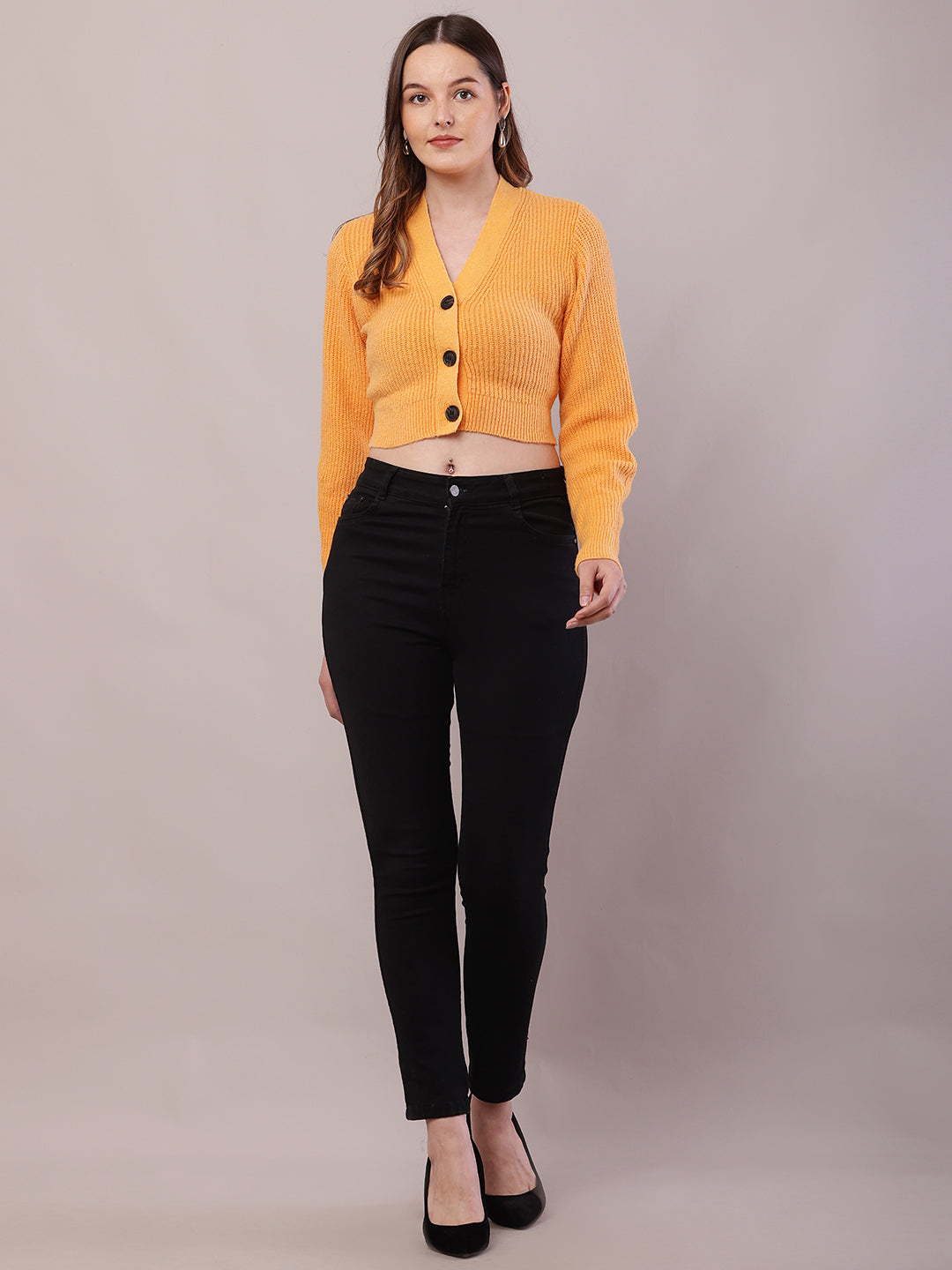 Women Orange Polyester Full Sleeve V-Neck Cardigan