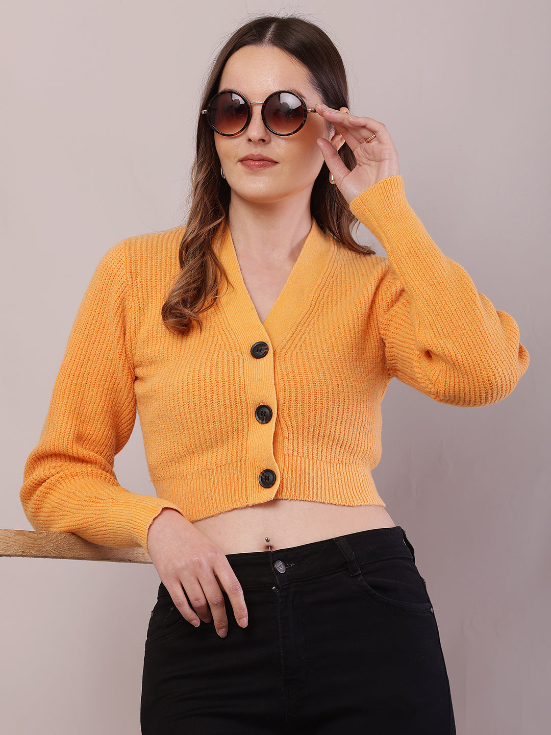 Women Orange Polyester Full Sleeve V-Neck Cardigan