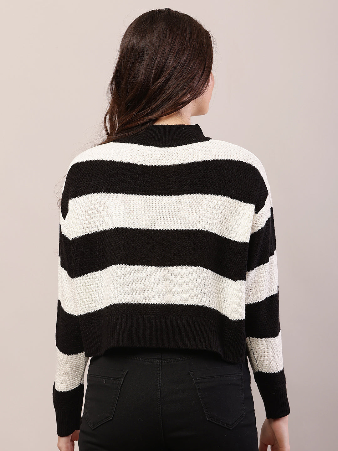 Women black and white acrylic striped sweater