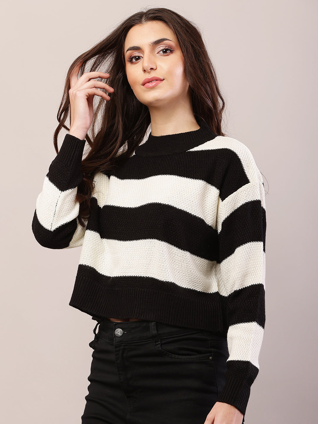 Women black and white acrylic striped sweater