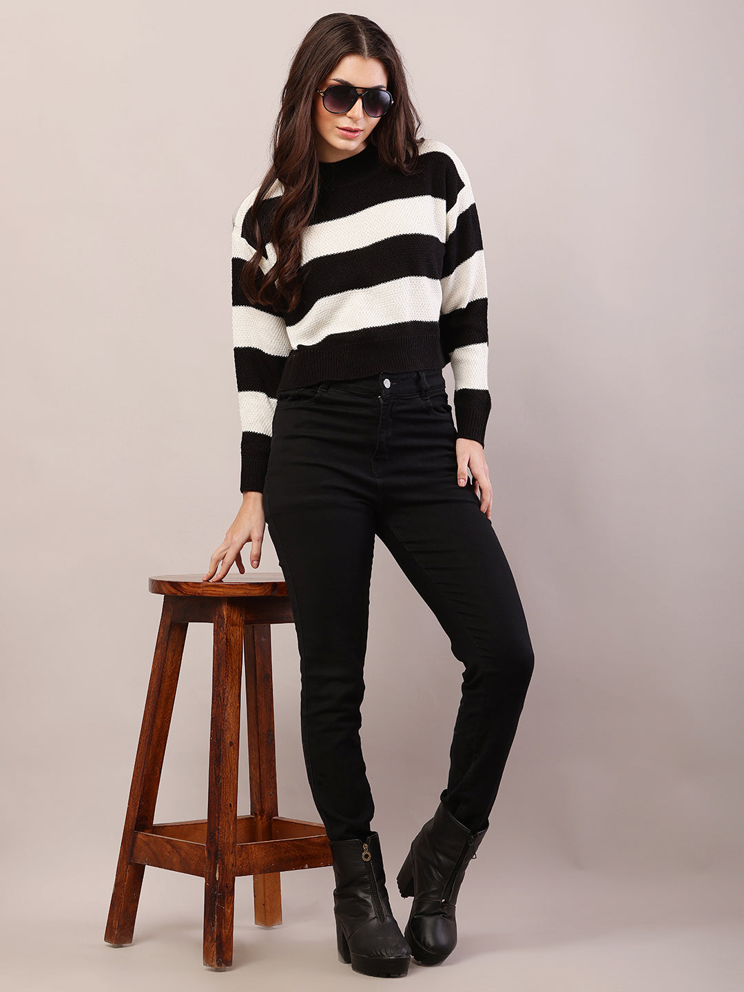 Women black and white acrylic striped sweater