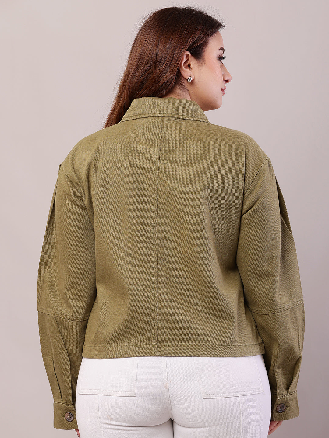 Women Green Cotton Shirt Collar Loose Jacket