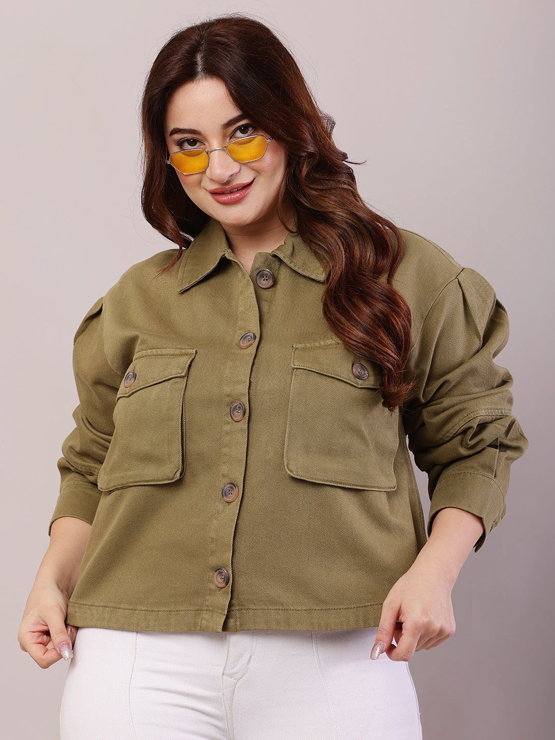 Women Green Cotton Shirt Collar Loose Jacket