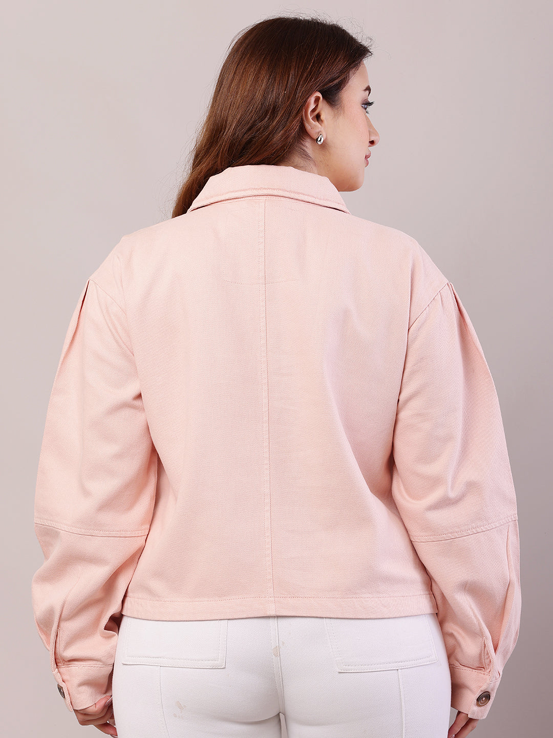 Women Baby Pink Cotton Shirt Collar Jacket