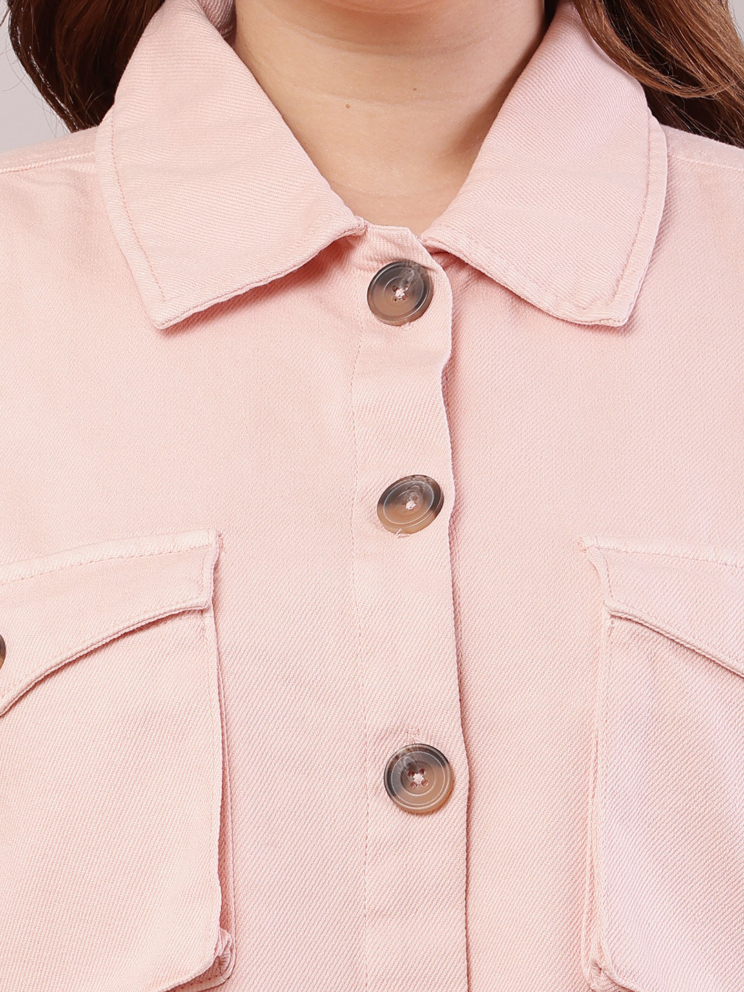 Women Baby Pink Cotton Shirt Collar Jacket