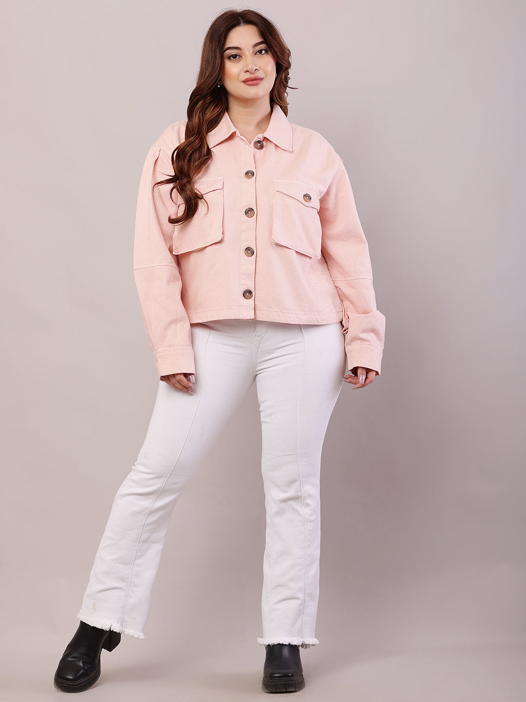 Women Baby Pink Cotton Shirt Collar Jacket