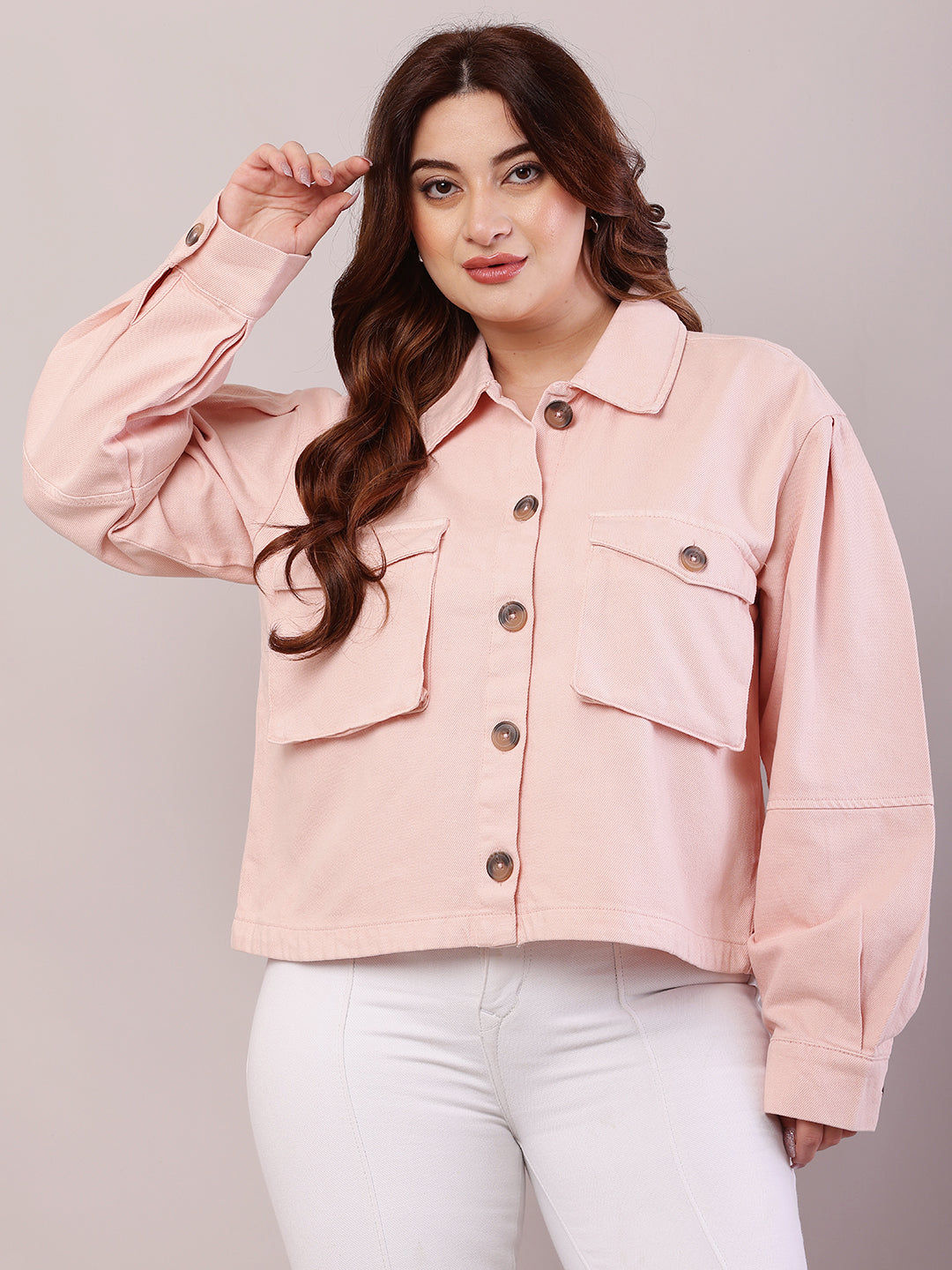 Women Baby Pink Cotton Shirt Collar Jacket