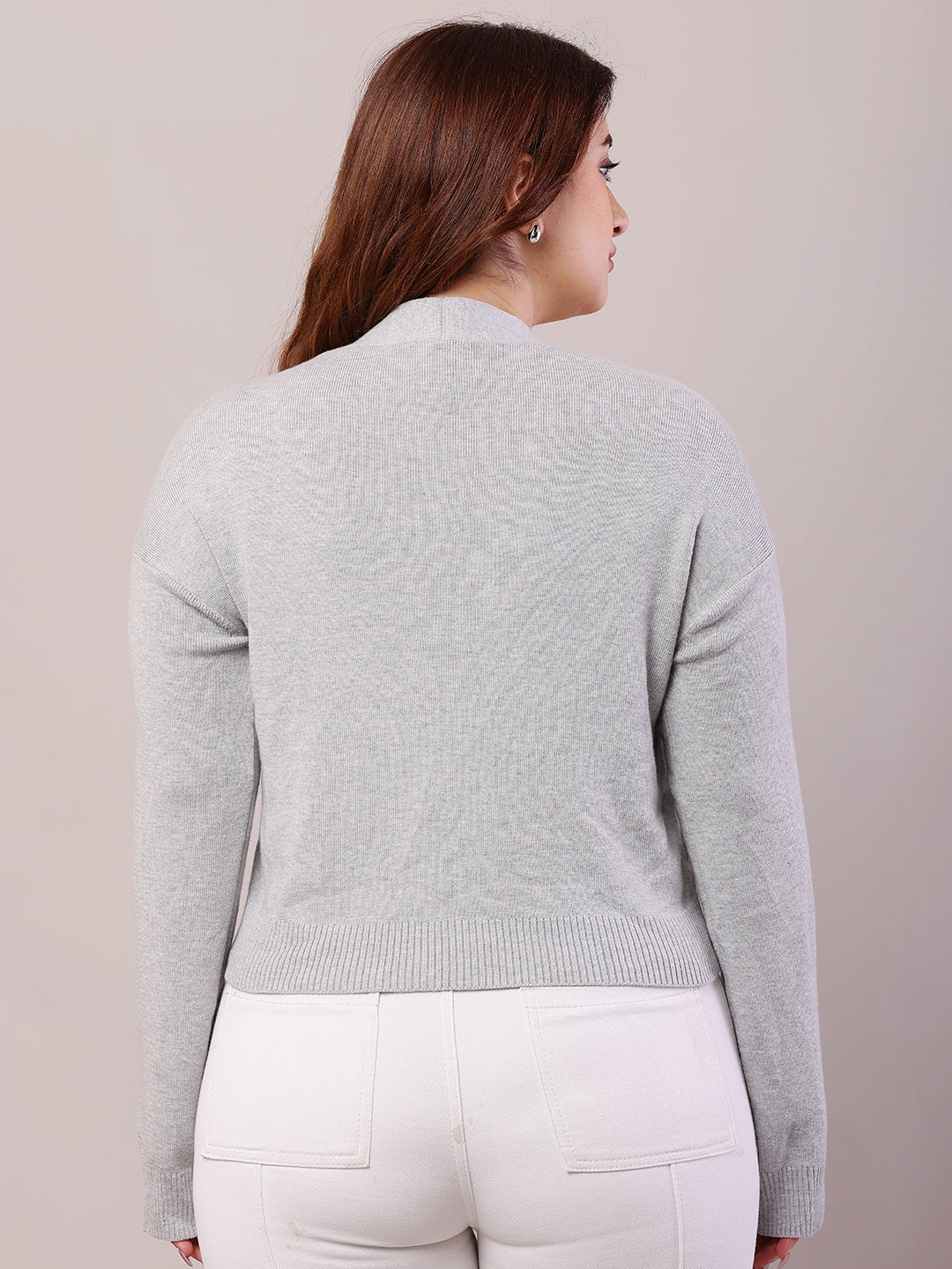 Women Light Grey Viscose Full Sleeve Cardigan