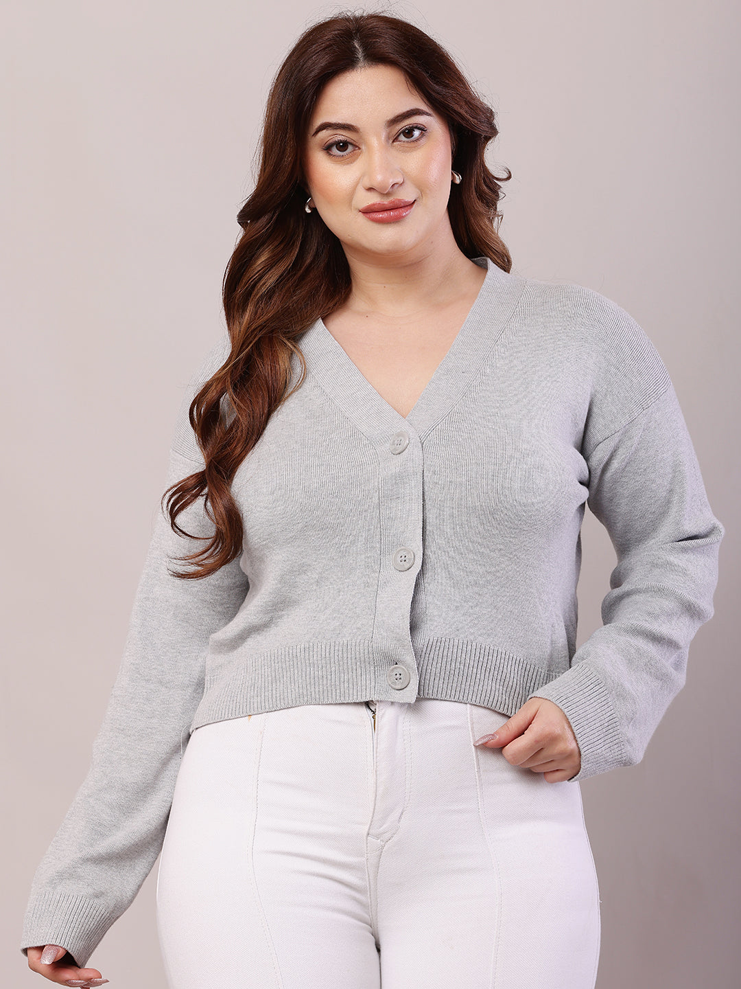 Women Light Grey Viscose Full Sleeve Cardigan