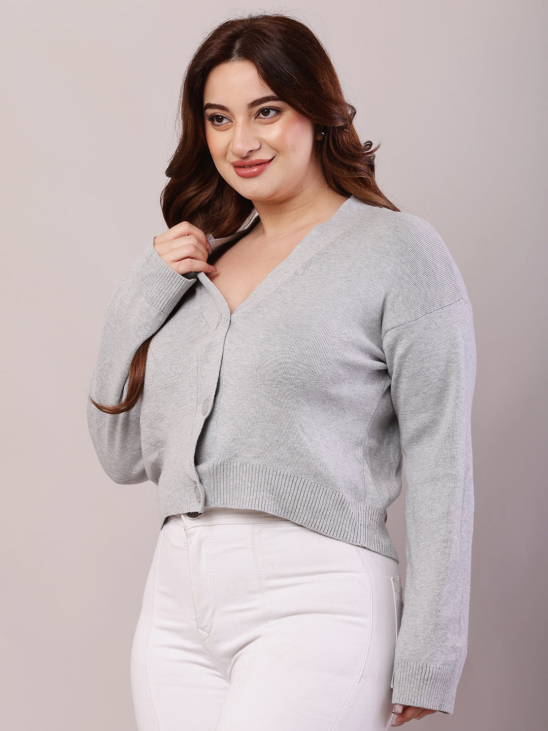 Women Light Grey Viscose Full Sleeve Cardigan