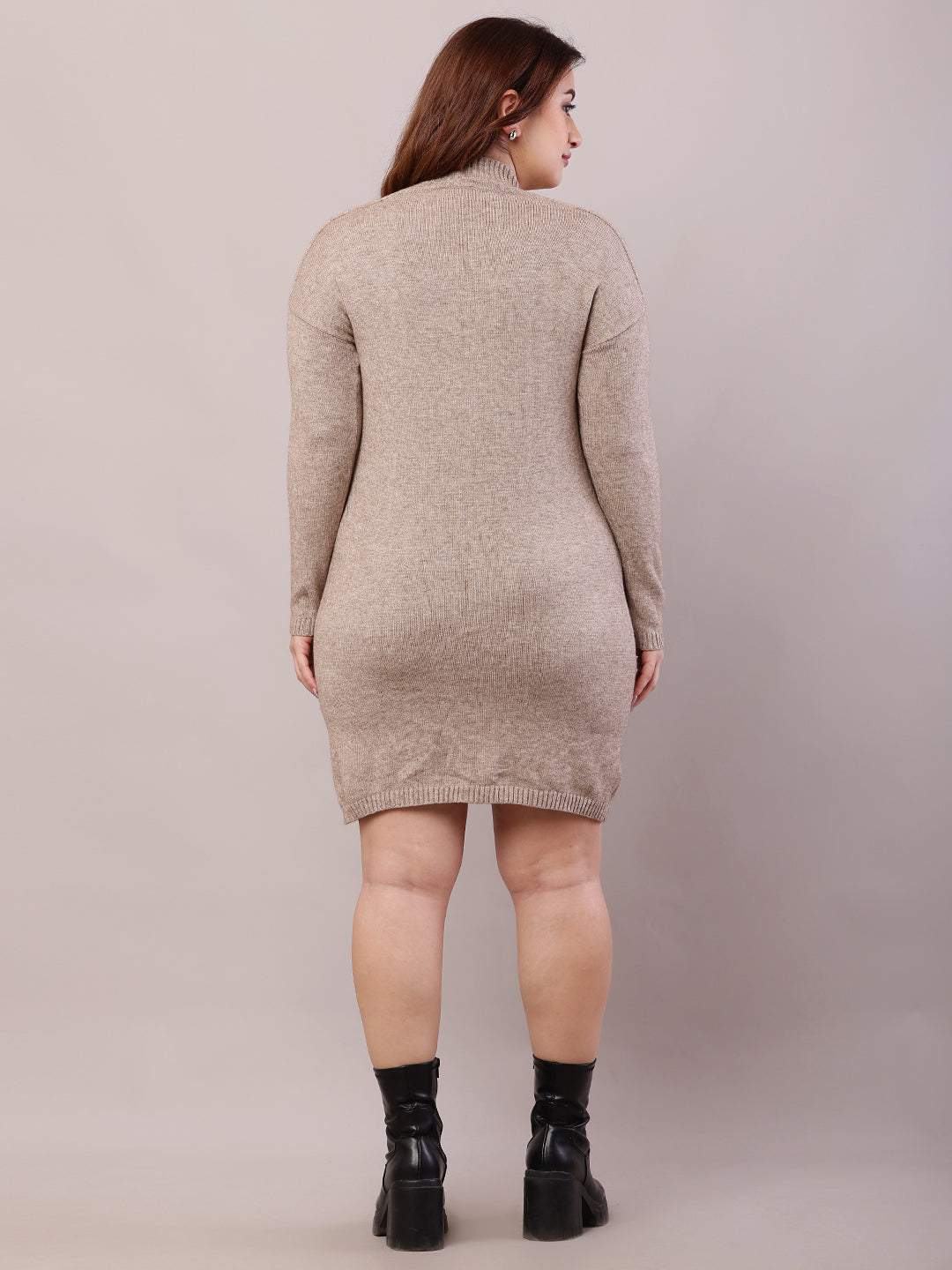 Women Beige Acrylic Full Sleeve Turtle Neck Bodycon Dress