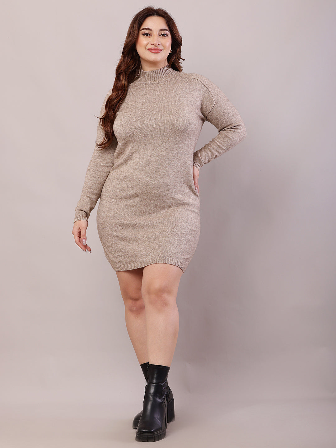 Women Beige Acrylic Full Sleeve Turtle Neck Bodycon Dress