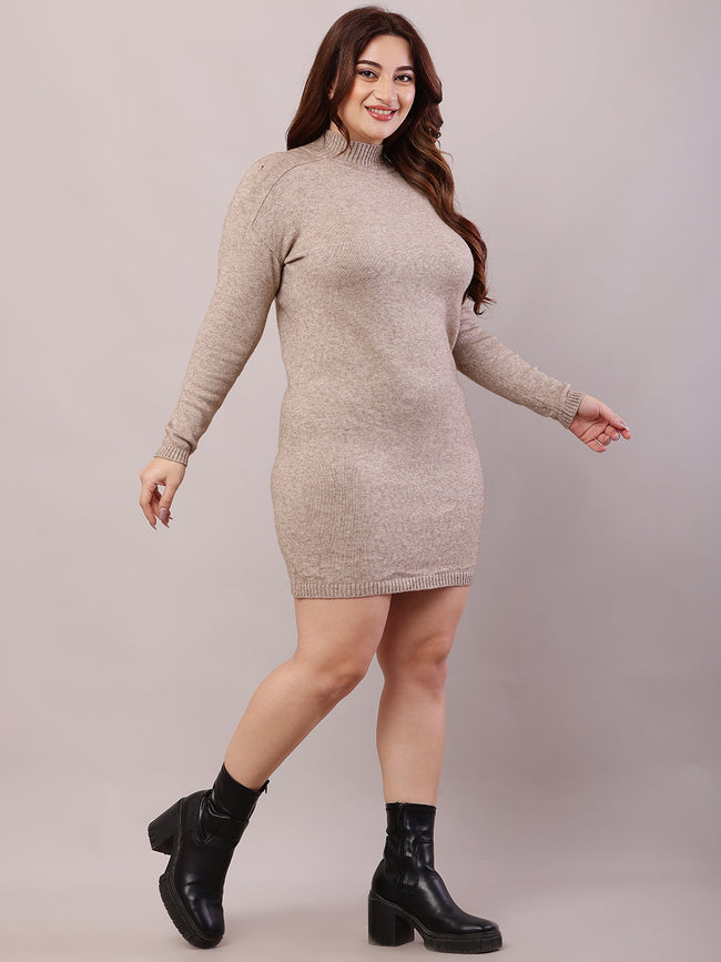 Women Beige Acrylic Full Sleeve Turtle Neck Bodycon Dress