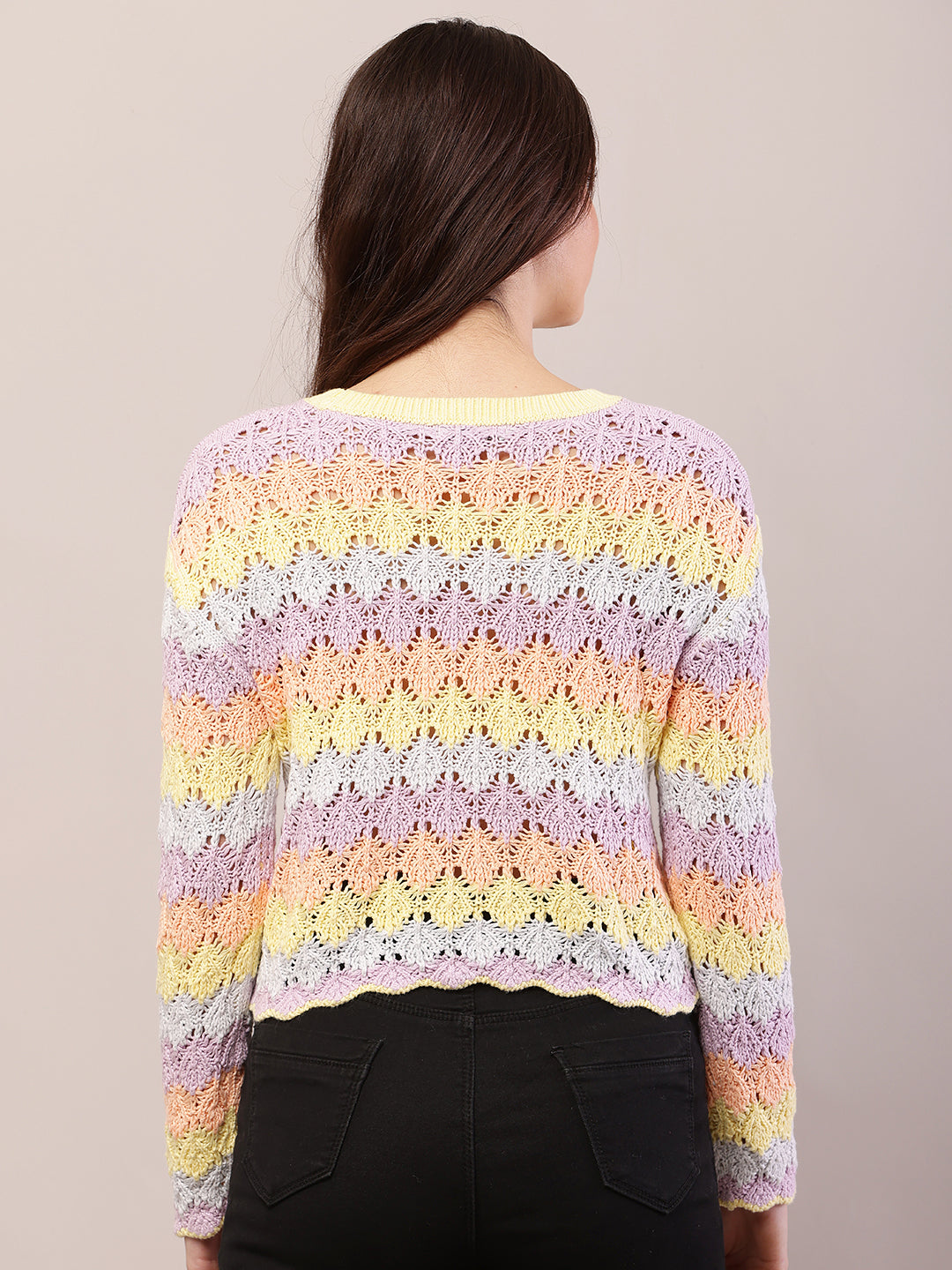 Women multicolour cotton full sleeve round neck sweater