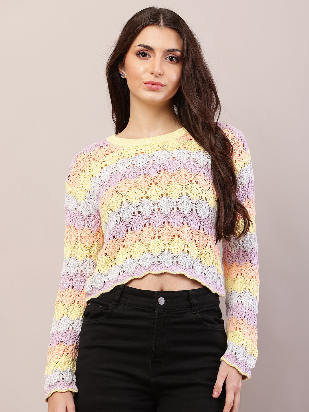 Women multicolour cotton full sleeve round neck sweater