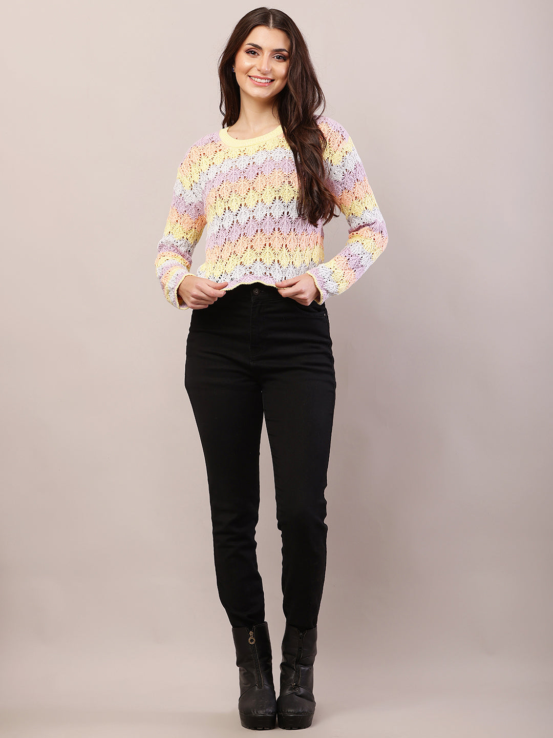 Women multicolour cotton full sleeve round neck sweater