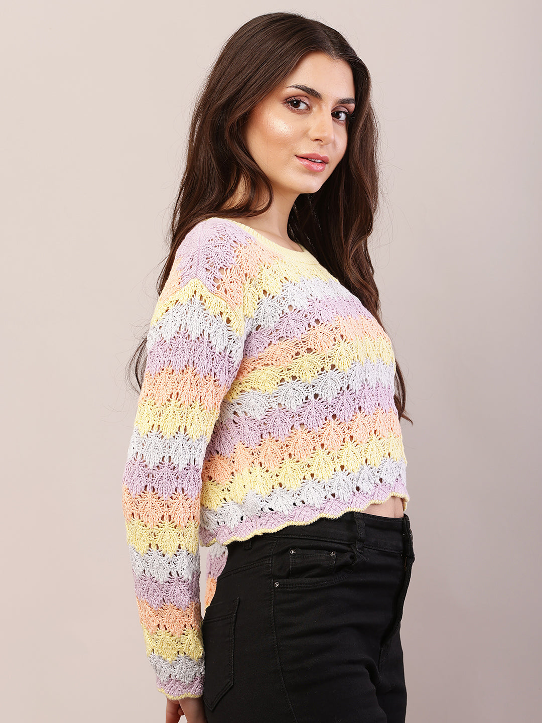 Women multicolour cotton full sleeve round neck sweater