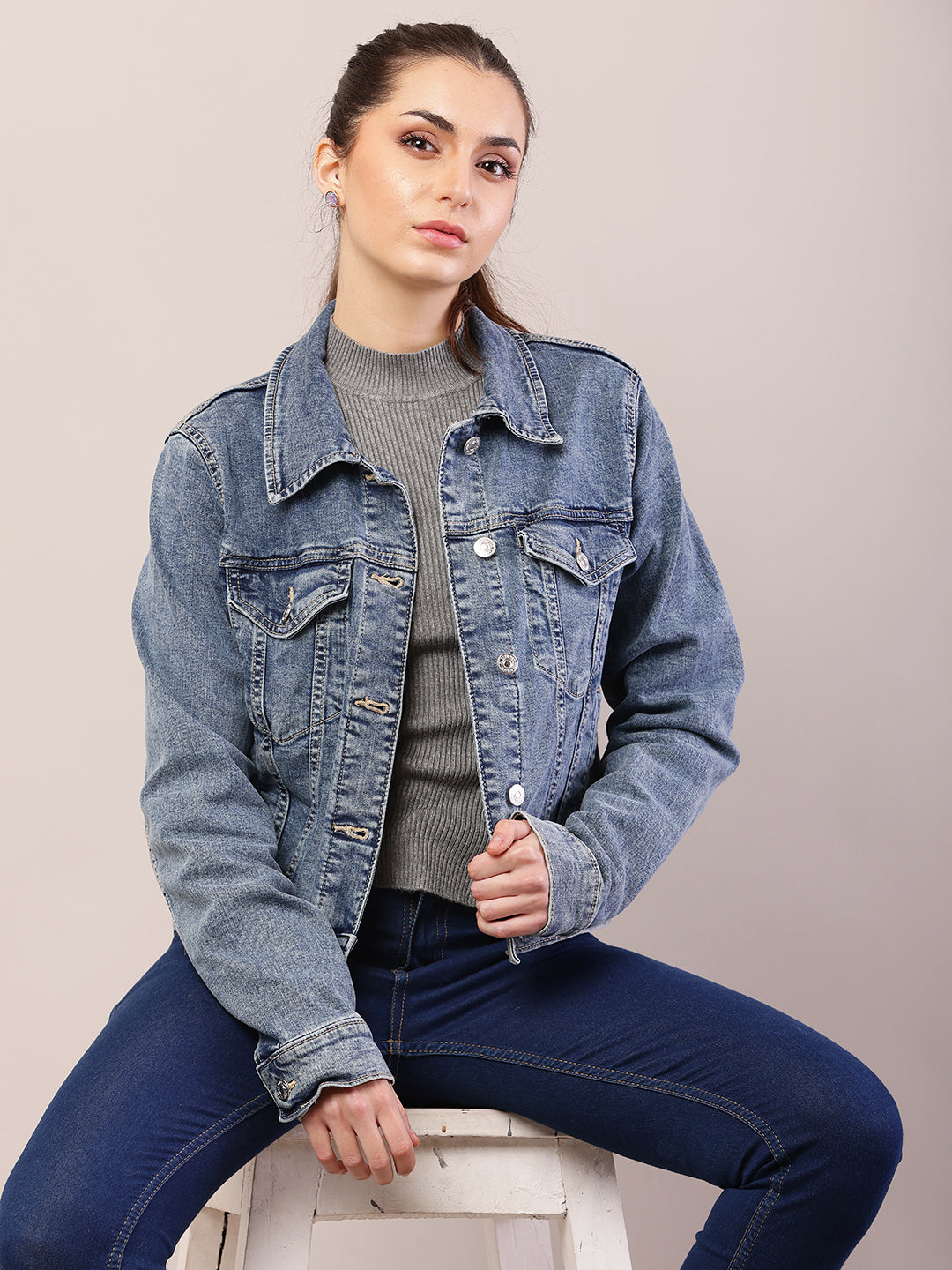 Women blue cotton denim shirt collar jacket