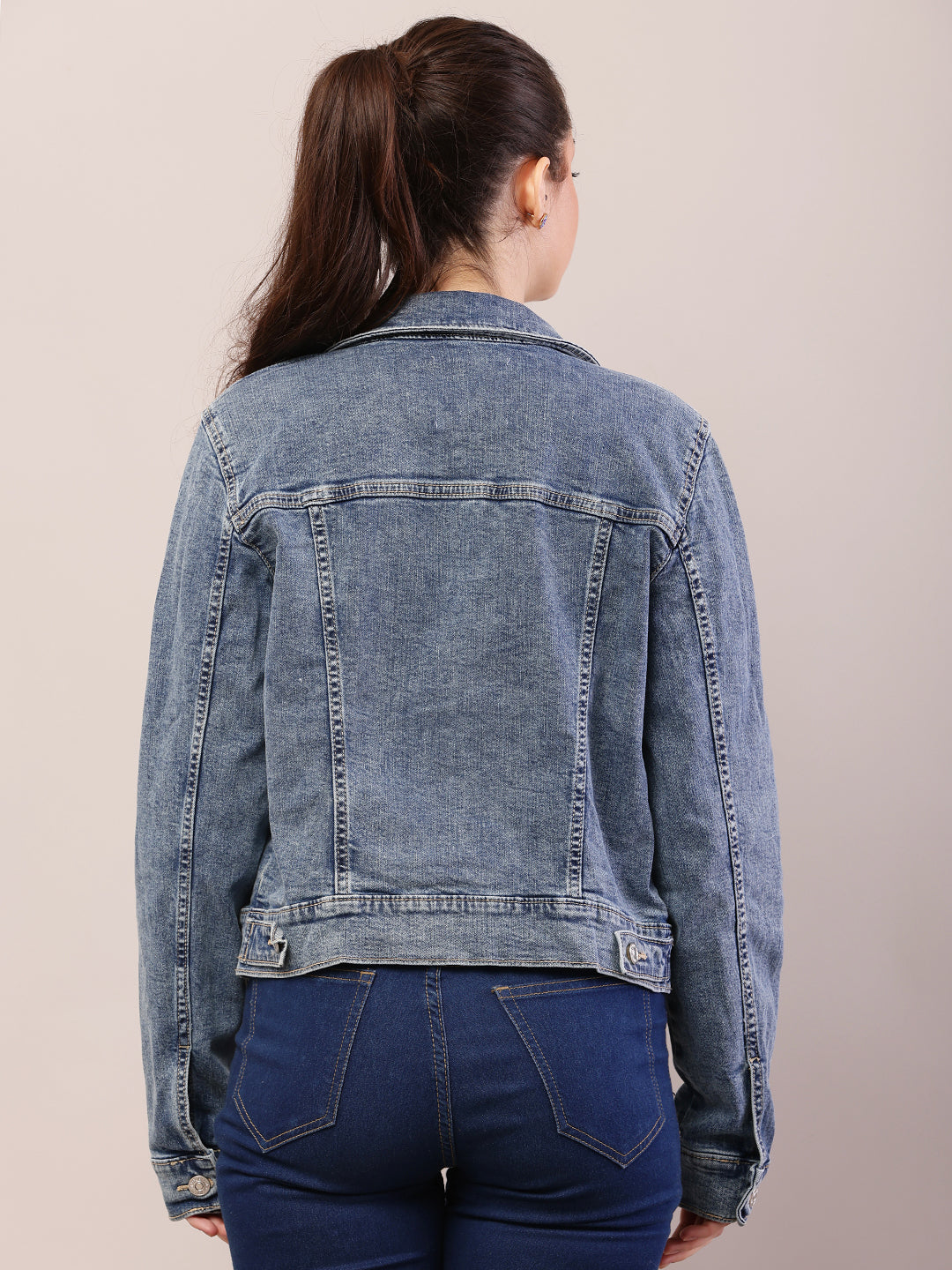 Women blue cotton denim shirt collar jacket