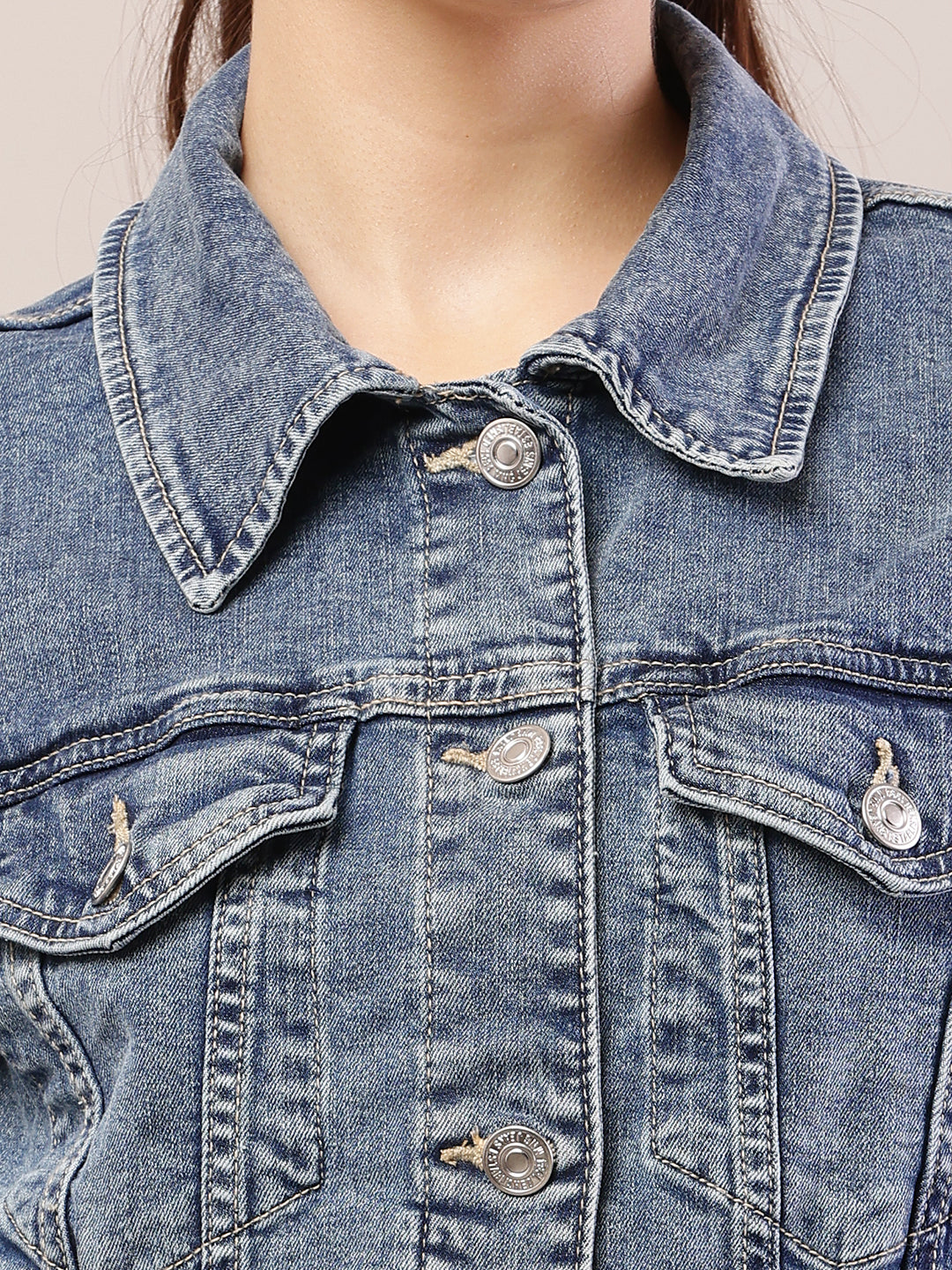 Women blue cotton denim shirt collar jacket