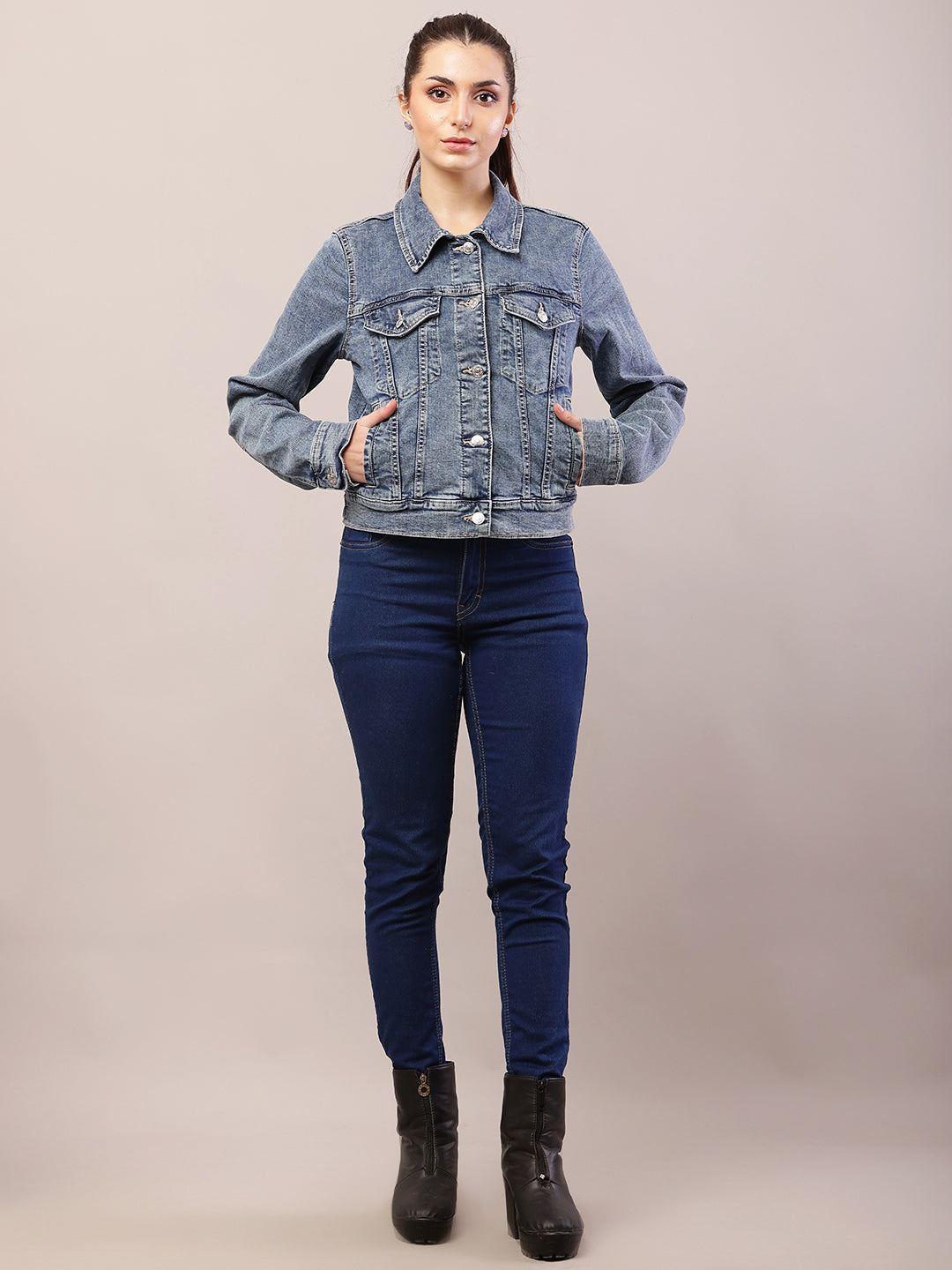 Women blue cotton denim shirt collar jacket