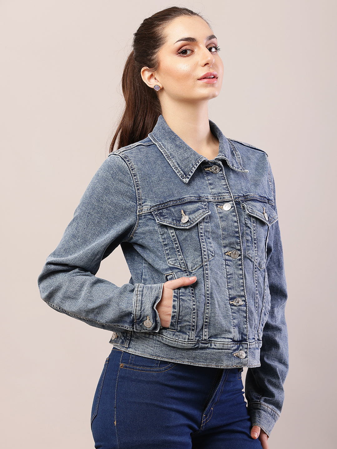 Women blue cotton denim shirt collar jacket