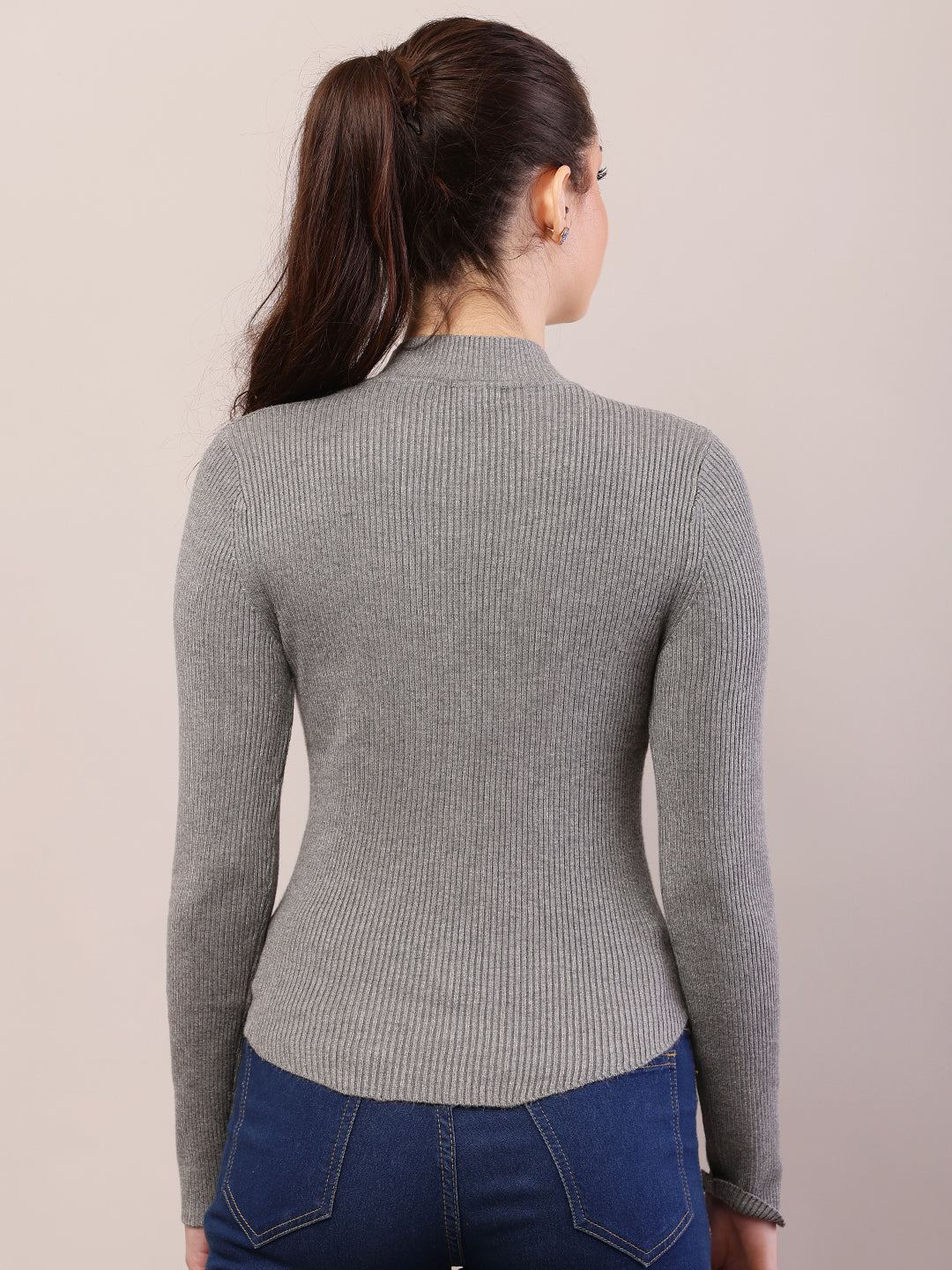 Women grey viscose turtle neck ribbed sweater