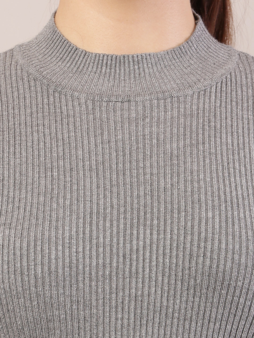 Women grey viscose turtle neck ribbed sweater