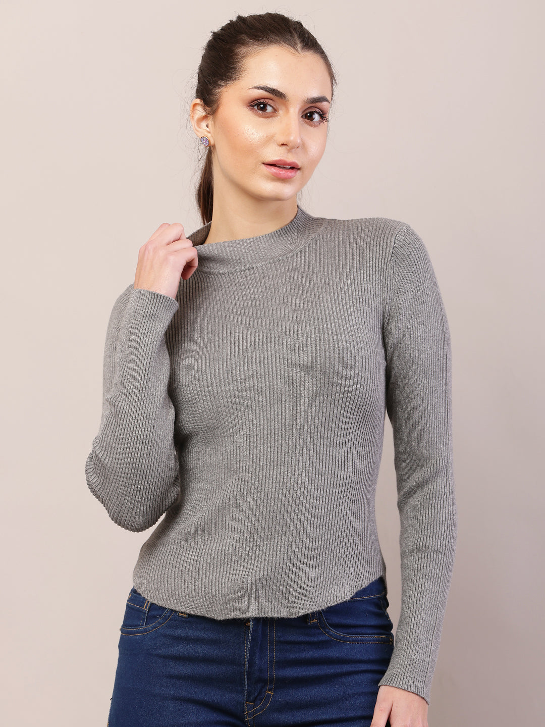 Women grey viscose turtle neck ribbed sweater