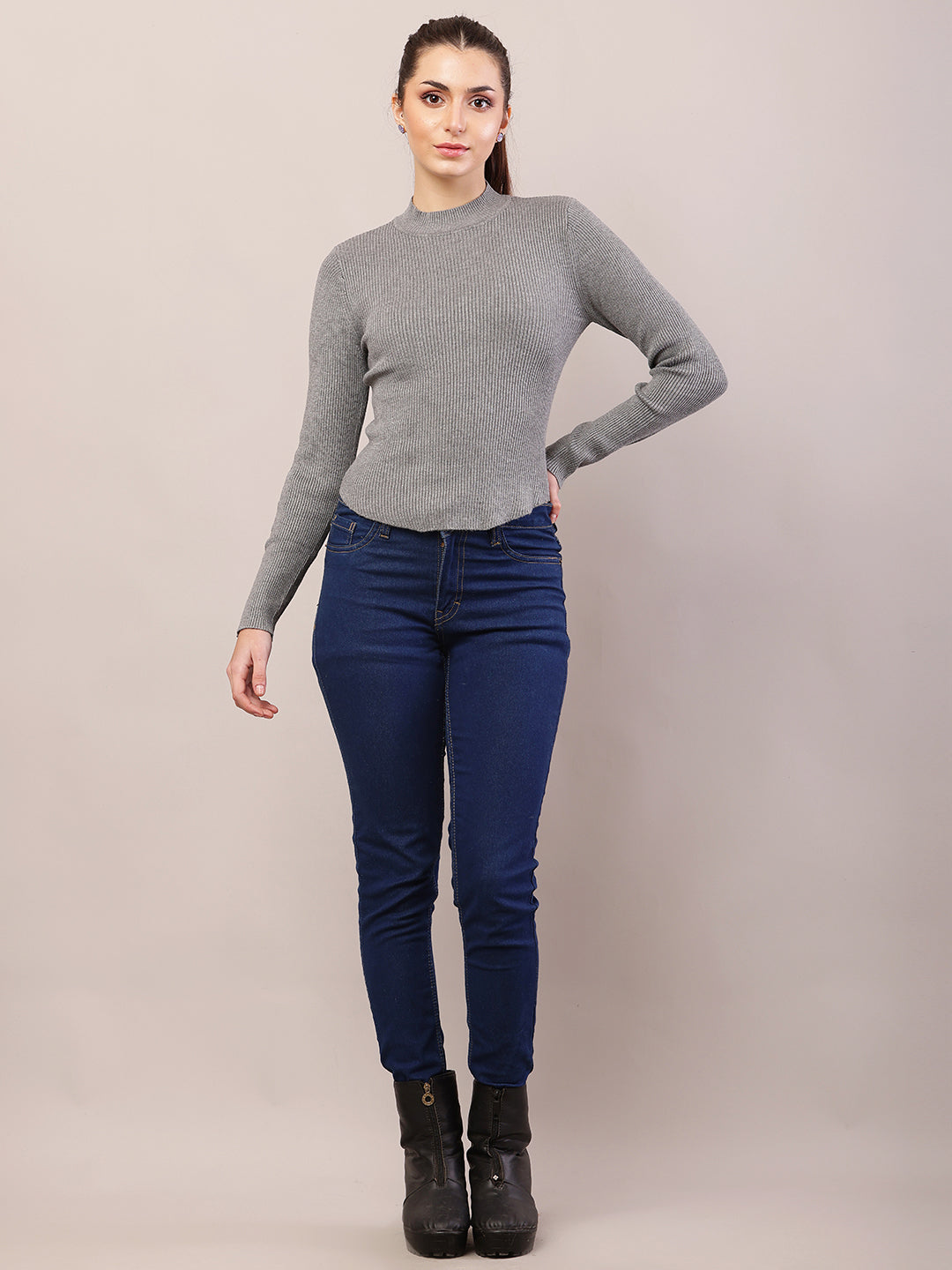 Women grey viscose turtle neck ribbed sweater