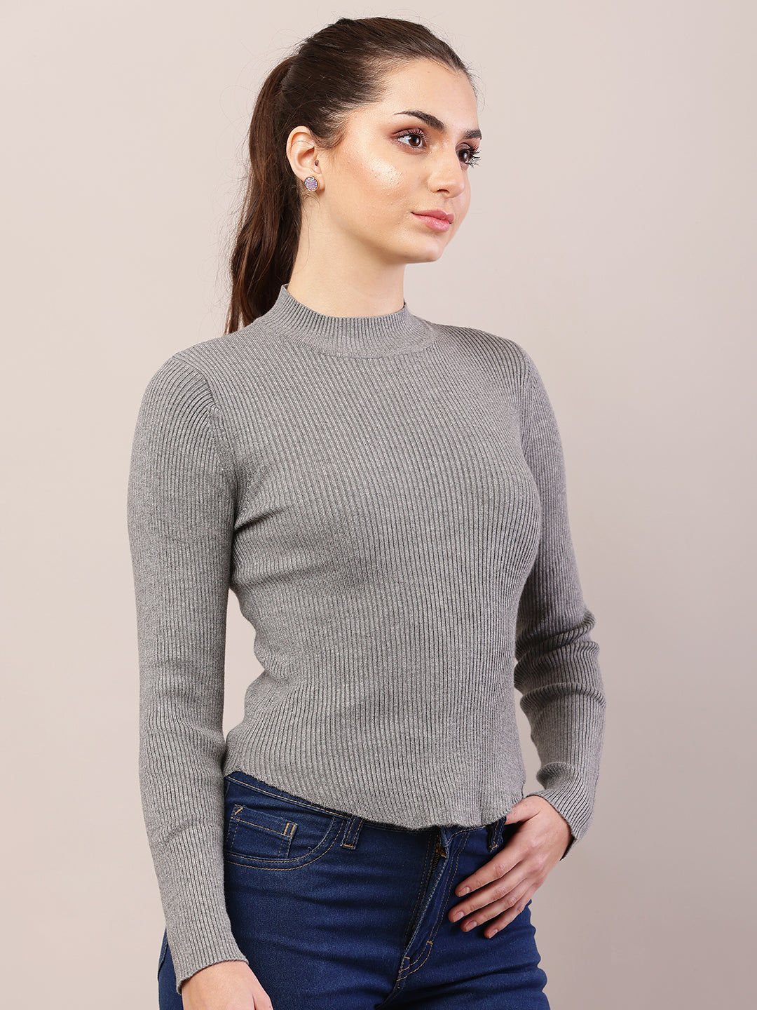 Women grey viscose turtle neck ribbed sweater