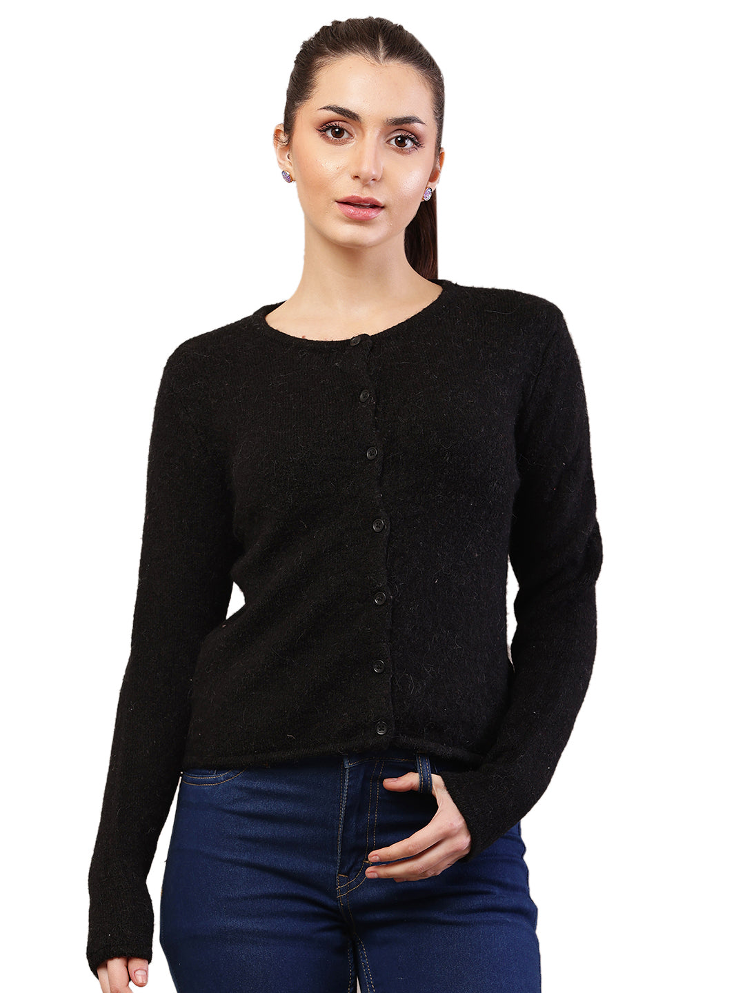 Women black acrylic full sleeve round neck cardigan