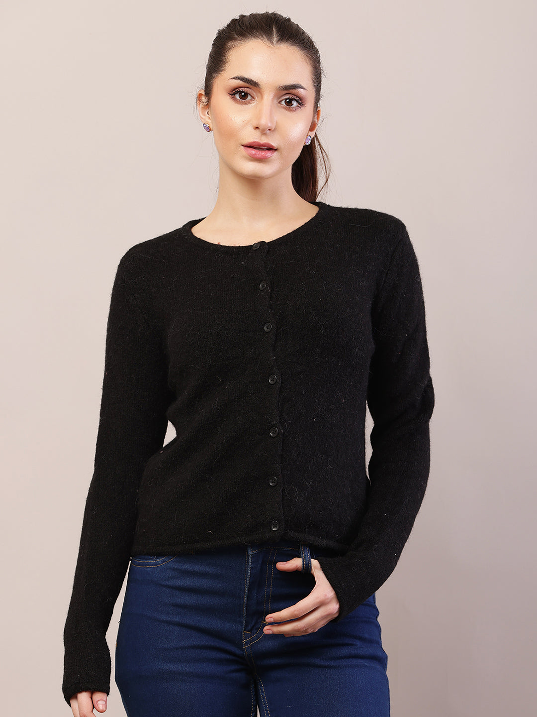 Women black acrylic full sleeve round neck cardigan