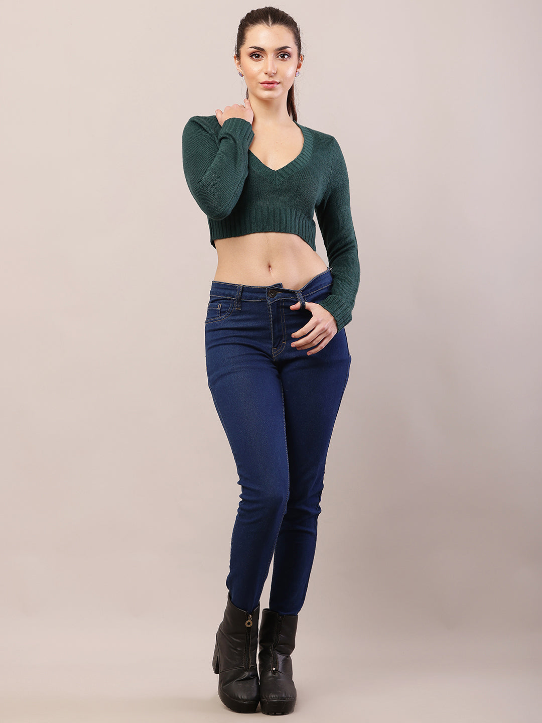 Women dark green polyester v-neck cropped sweater