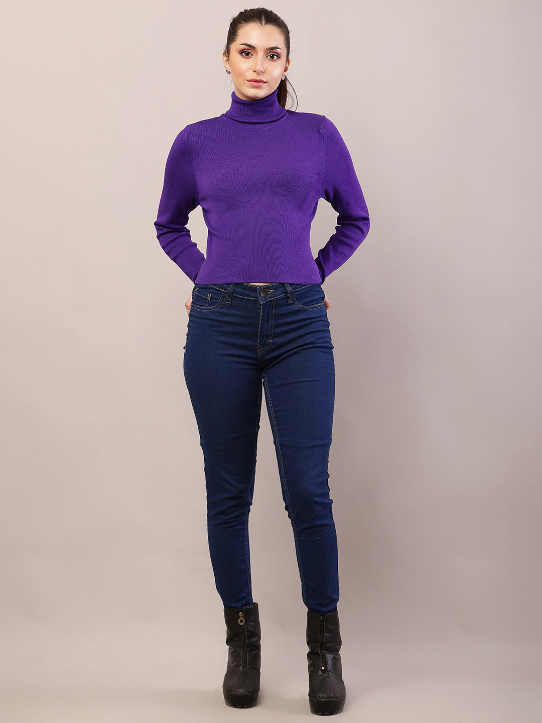 Women purple viscose full sleeve high-neck sweater