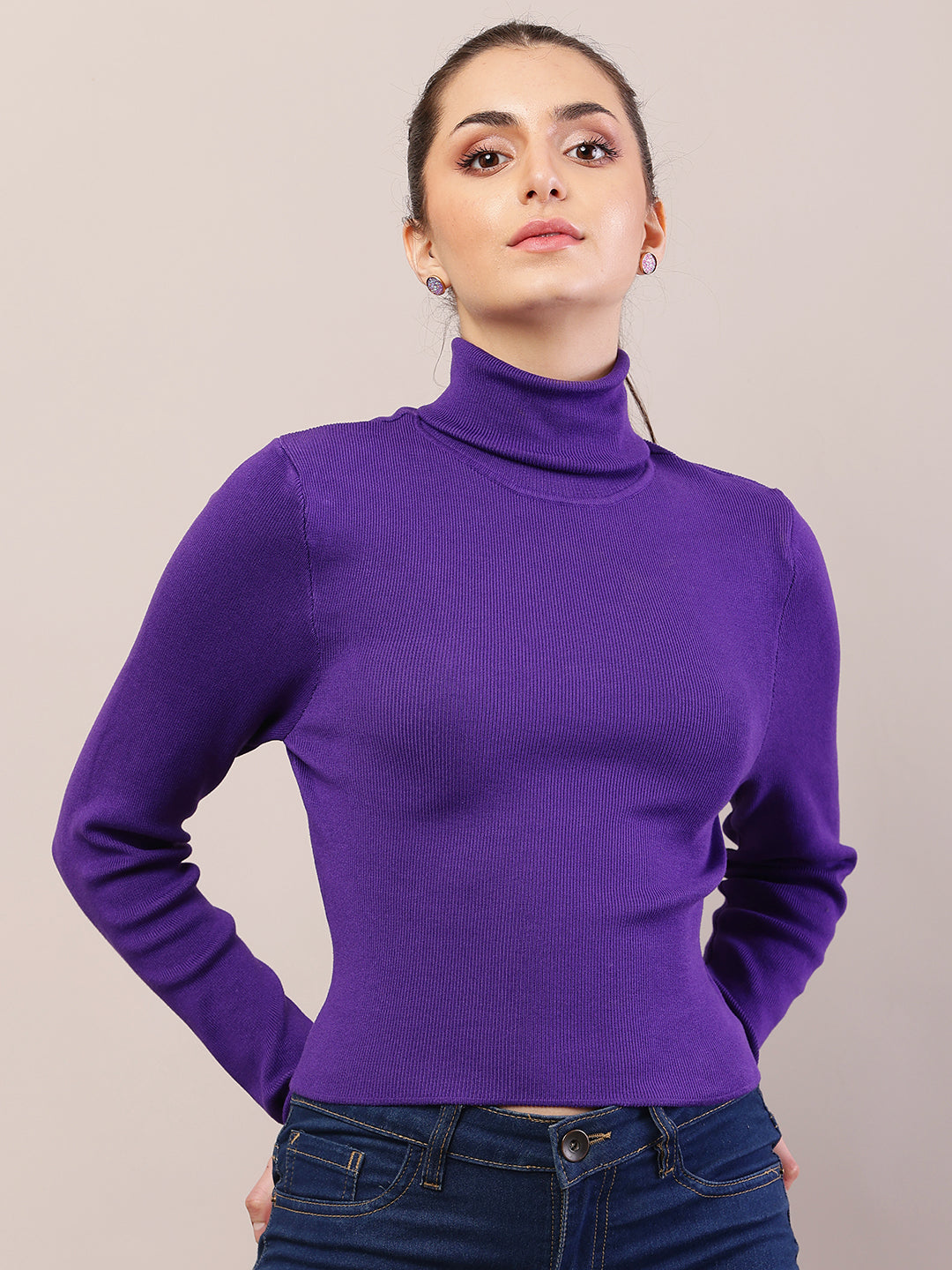 Women purple viscose full sleeve high-neck sweater