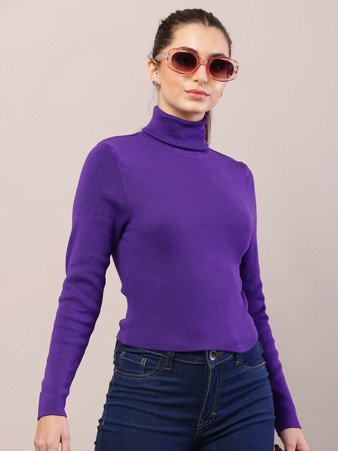 Women purple viscose full sleeve high-neck sweater