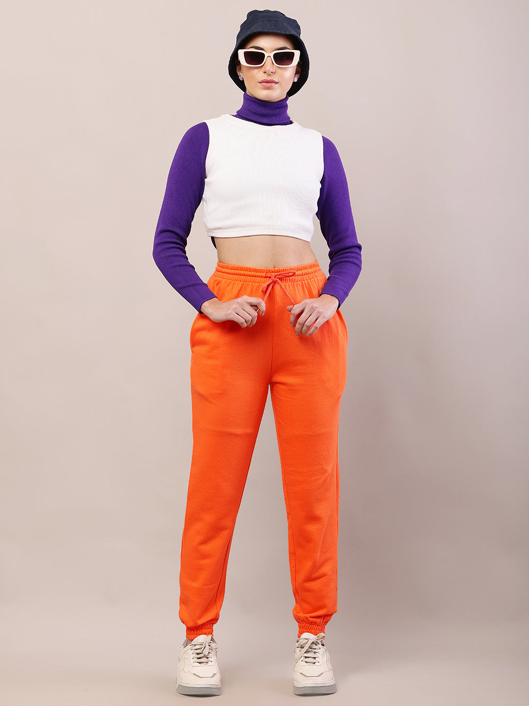 Women orange cotton high-rise regular fit joggers