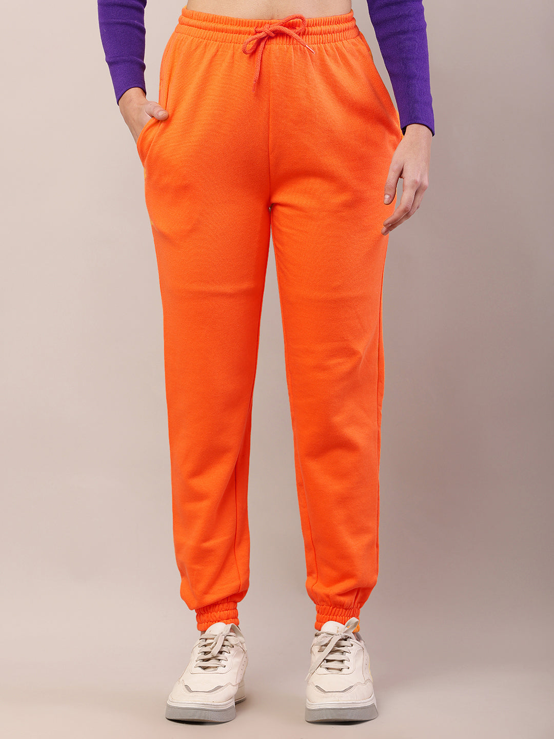 Women orange cotton high-rise regular fit joggers