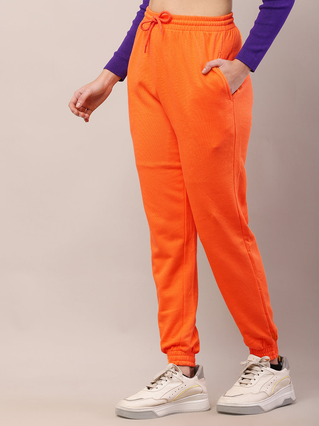 Women orange cotton high-rise regular fit joggers