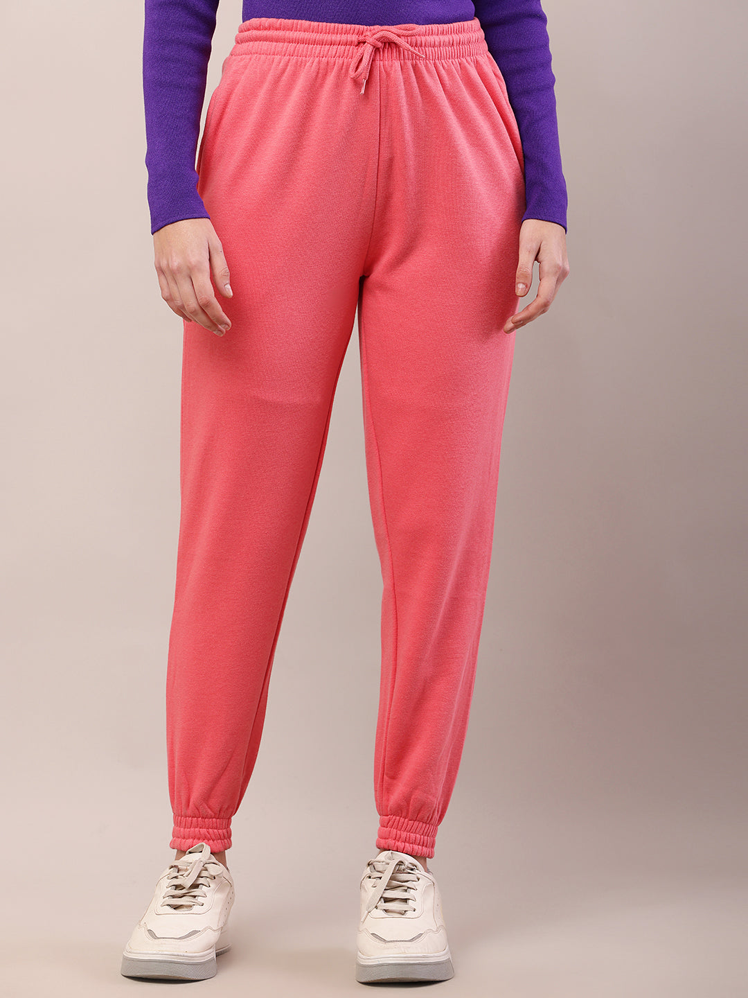 Women pink cotton high-rise regular fit joggers