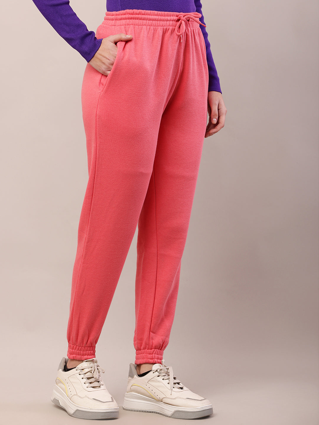 Women pink cotton high-rise regular fit joggers