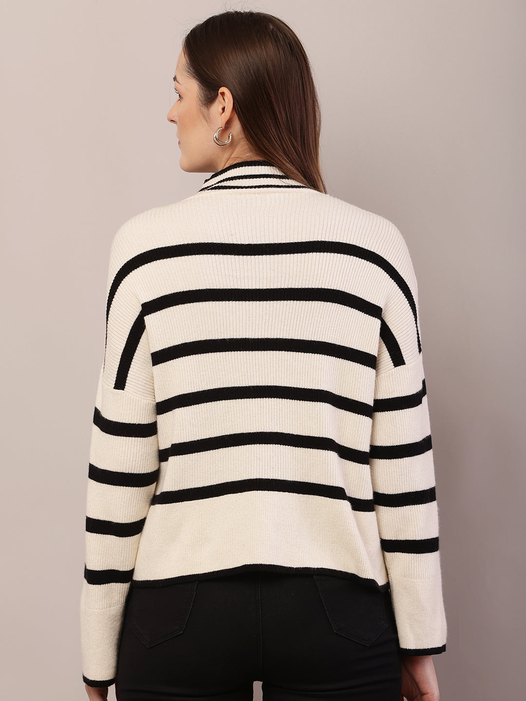 Women cream and black acrylic striped sweater